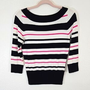 Dressbarn Black/White/Pink Striped 3/4 Sleeves Light Sweater Work Church, Small